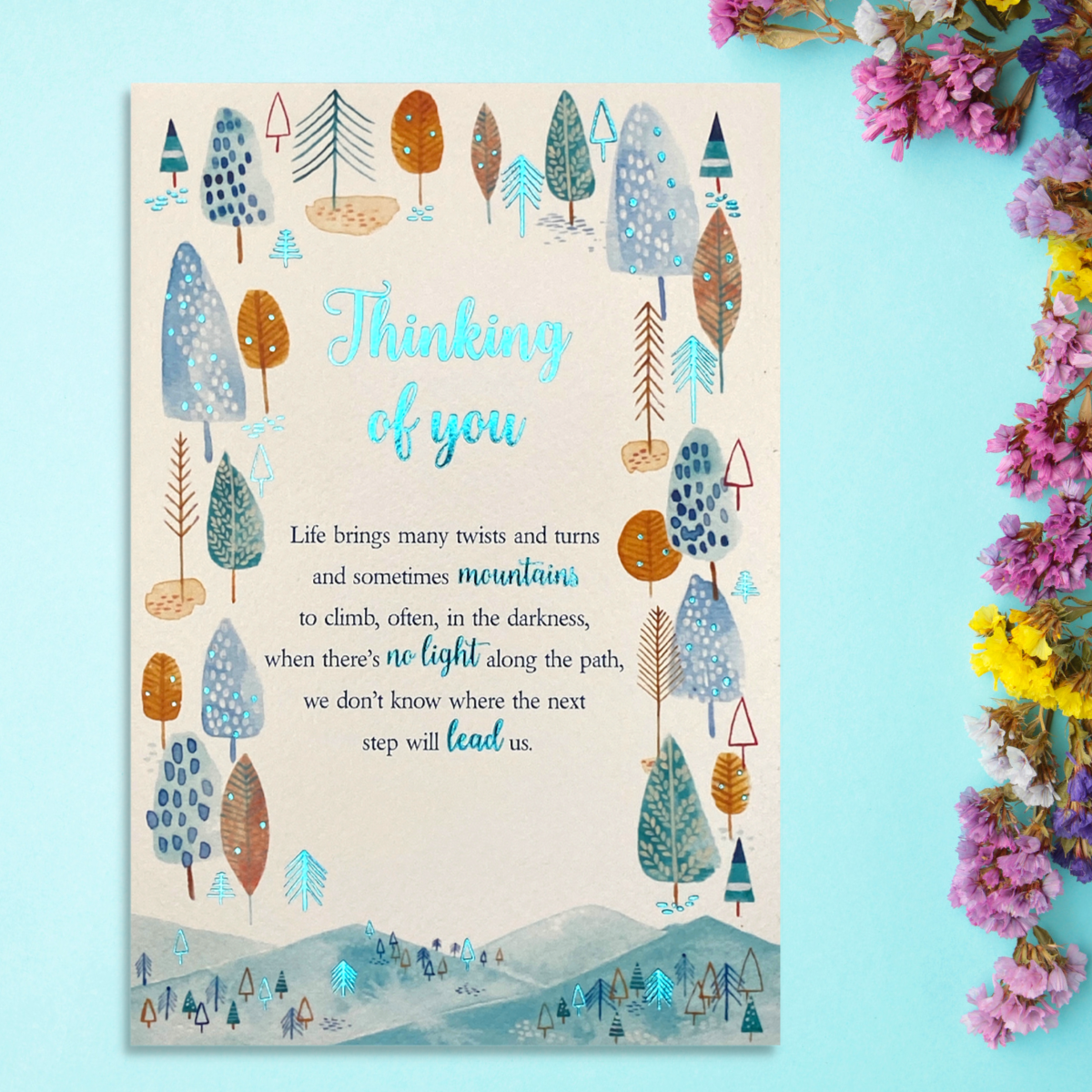 Front image with watercolour tree border and verse