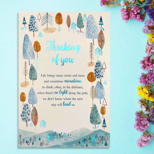 Front image with watercolour tree border and verse