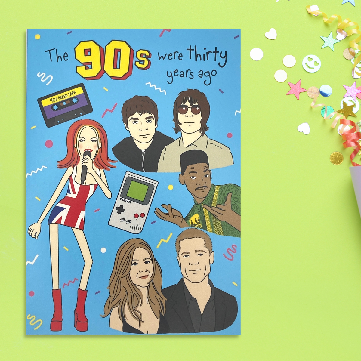 Cartoon images of Geri Halliwell, Will Smith, Oasis and a game boy