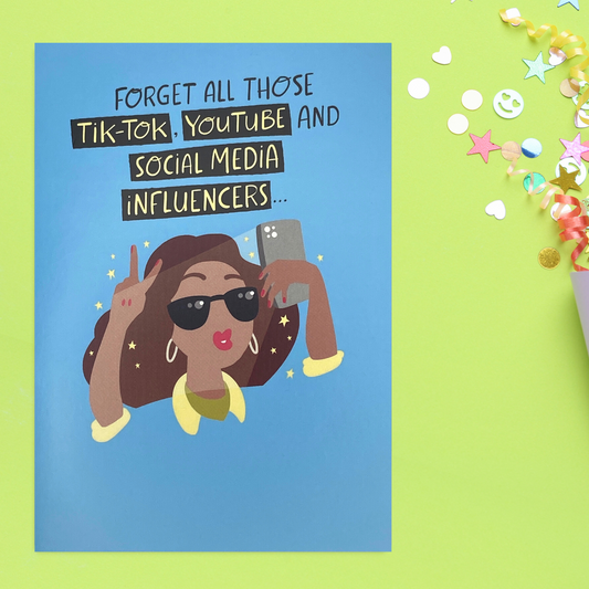 Blue card with cartoon woman on phone taking selfie