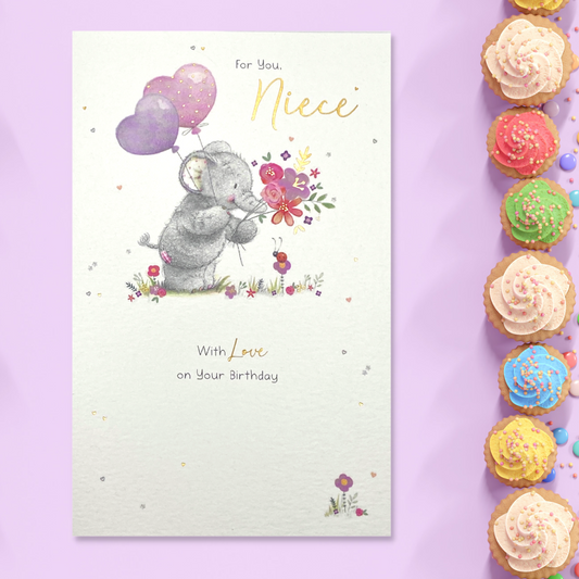 Cute elephant character with pink and purple balloons and flowers
