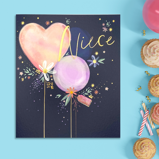 Navy square card with heart and round balloons and flowers in pastel colours