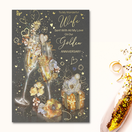 grey card with two golf flutes and gifts with flowers and hearts
