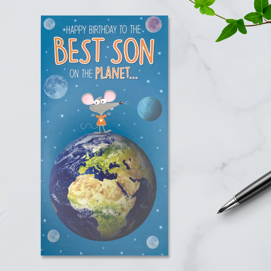 Slim blue card with mouse on top of the world design