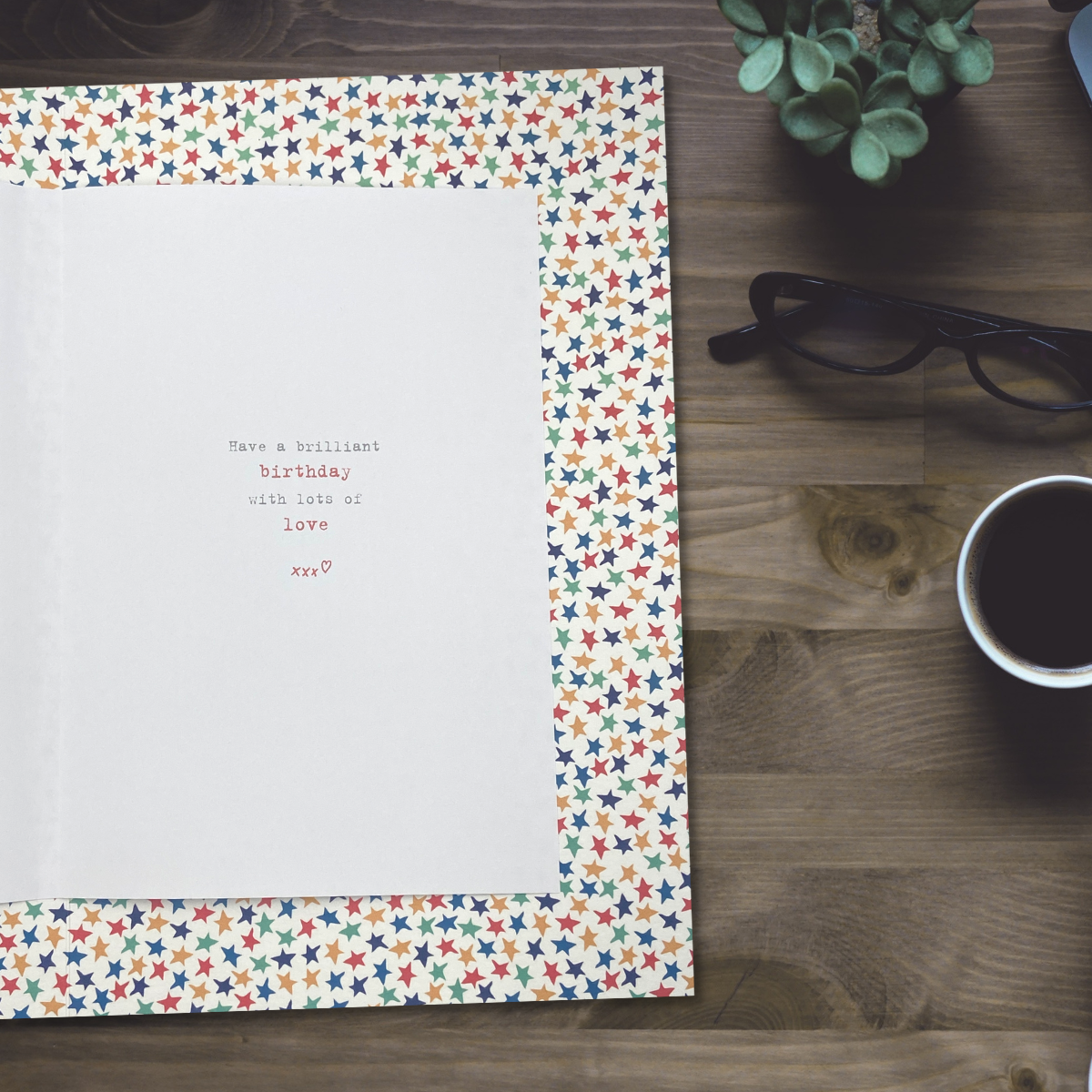 Inside image with star print border and coloured verse