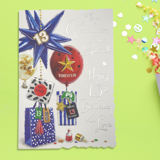Grandson 13th Birthday Card - Velvet Balloons & Gifts
