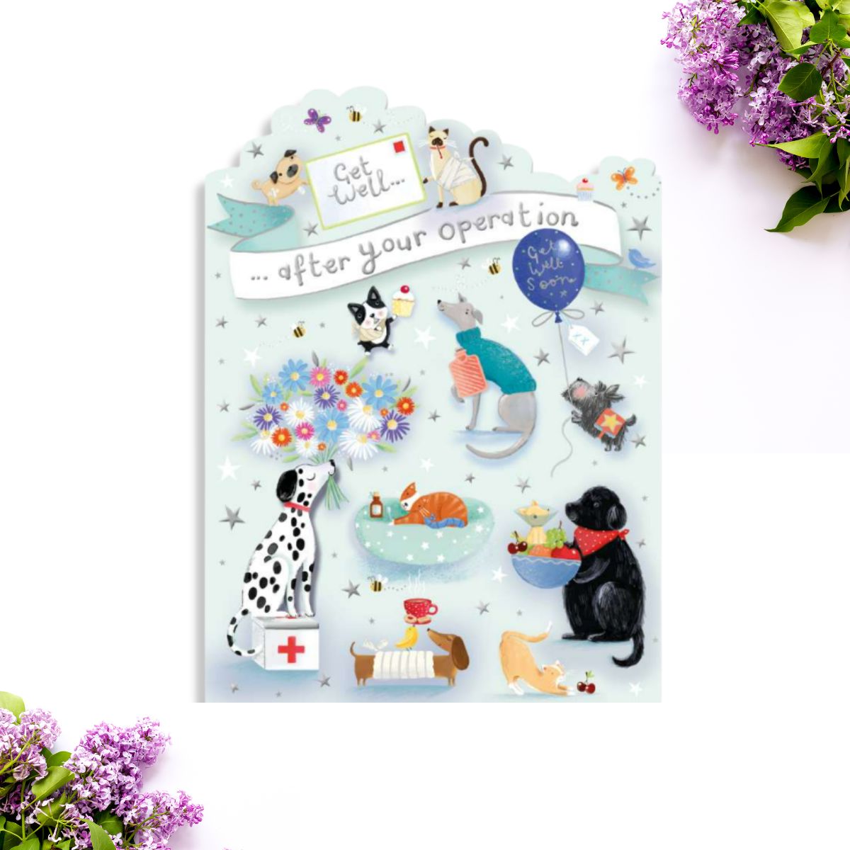 Light green card with cute cat and dog illustrations with stars and flowers