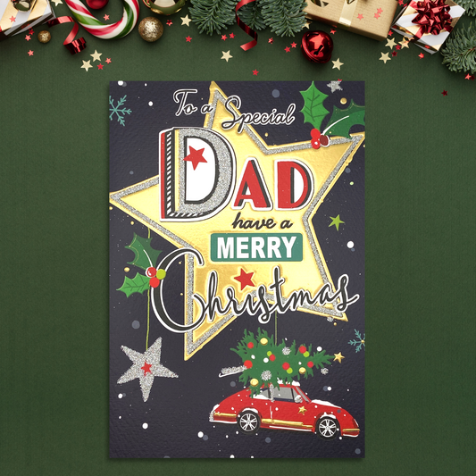 Navy card with gold star and red car with tree