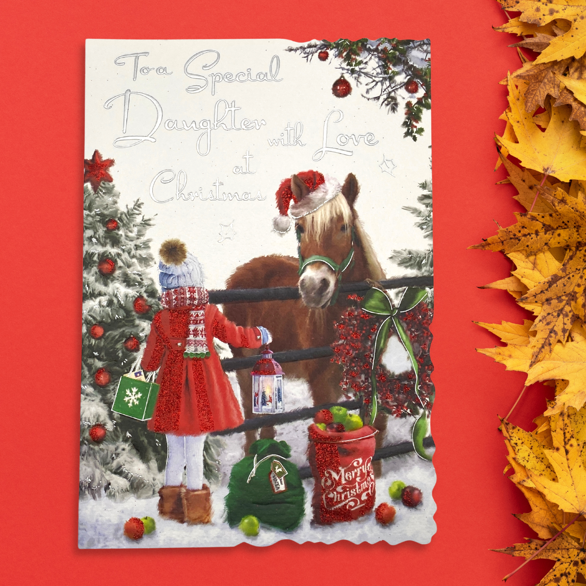 Little girl visiting horse in snow design