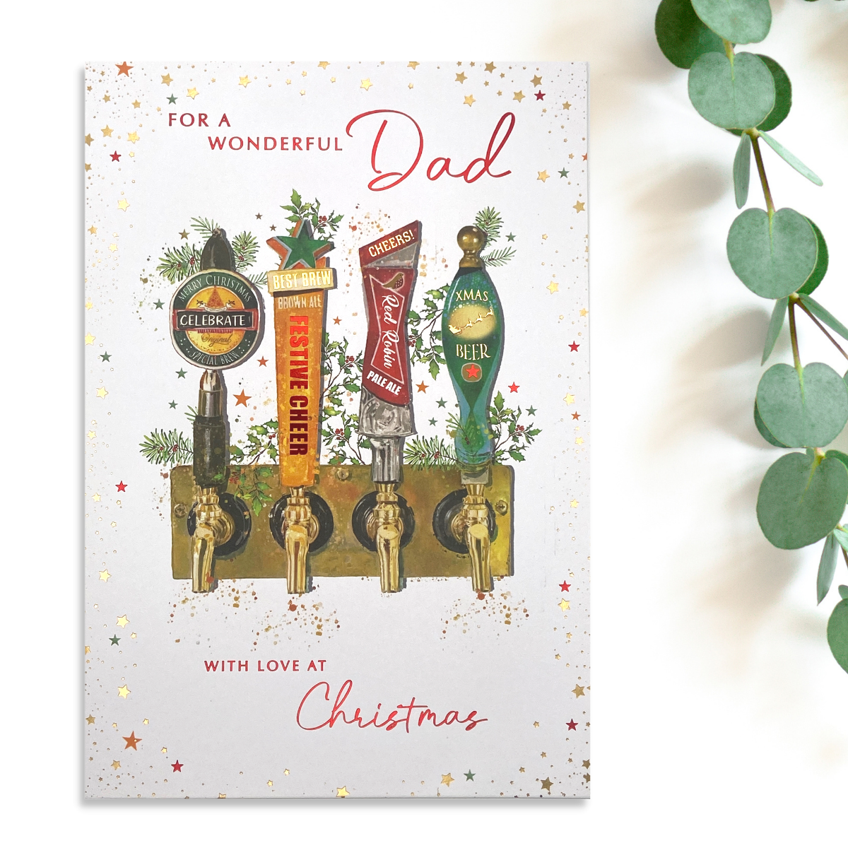 Four beer pumps with foliage and red foil details