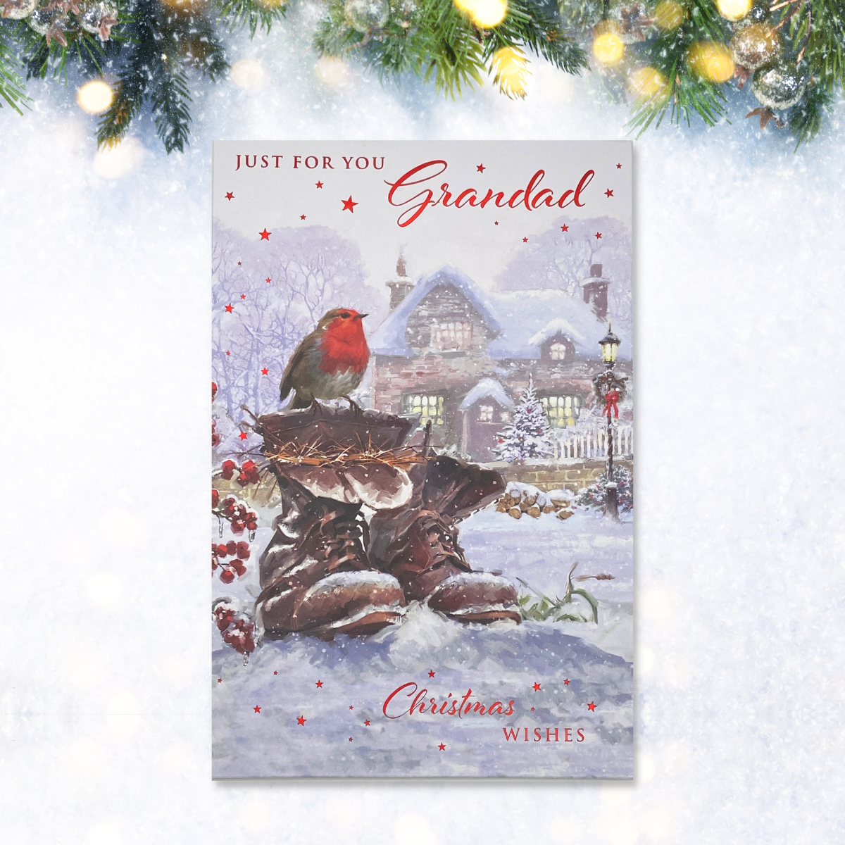 Robin in boots in snow with berries and red foil details