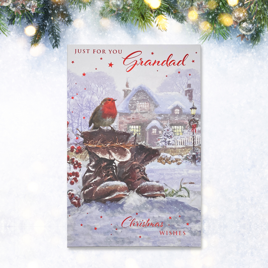 Robin in boots in snow with berries and red foil details