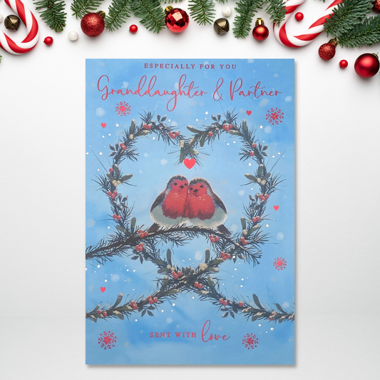 Blue card with two robins in heart wreath