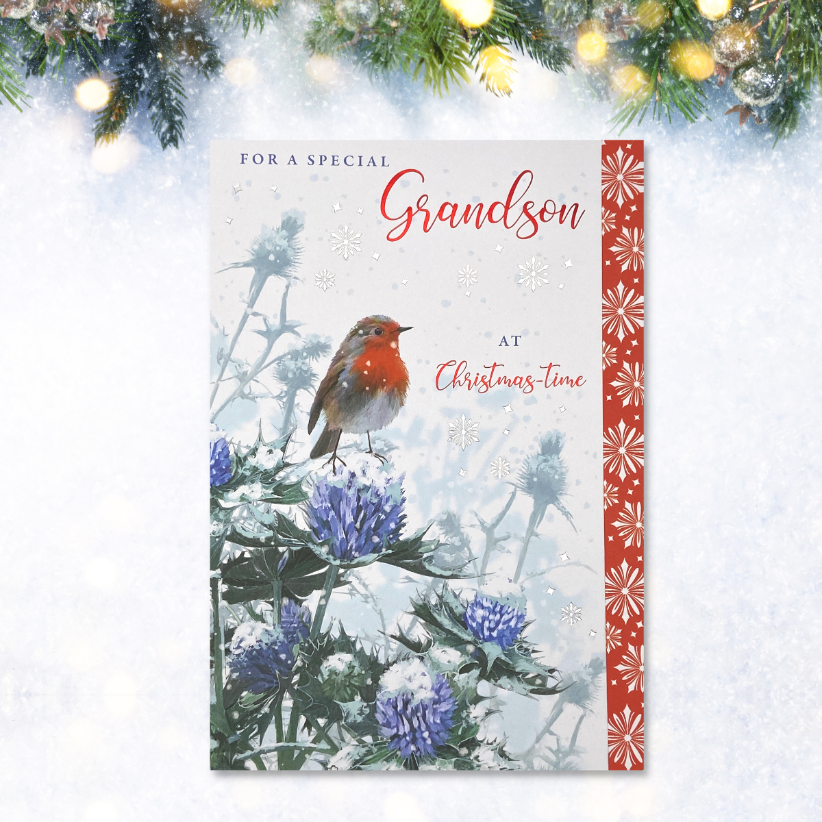 Robin on thistle bush with red snowflake border