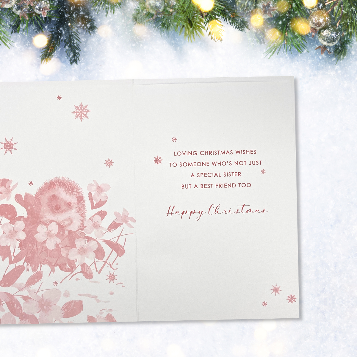 Sister Christmas Card - Hedgehog & Flowers