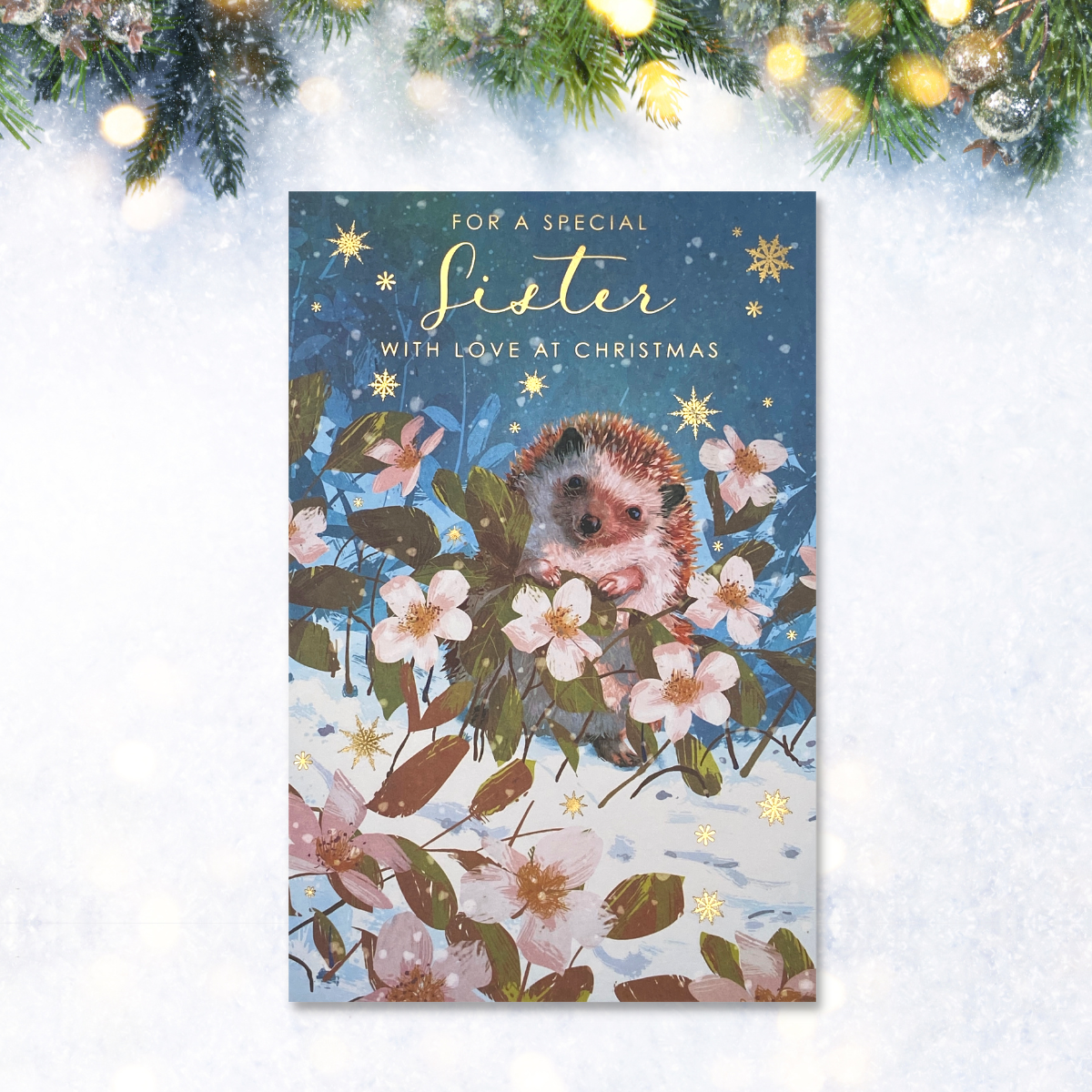 Sister Christmas Card - Hedgehog & Flowers