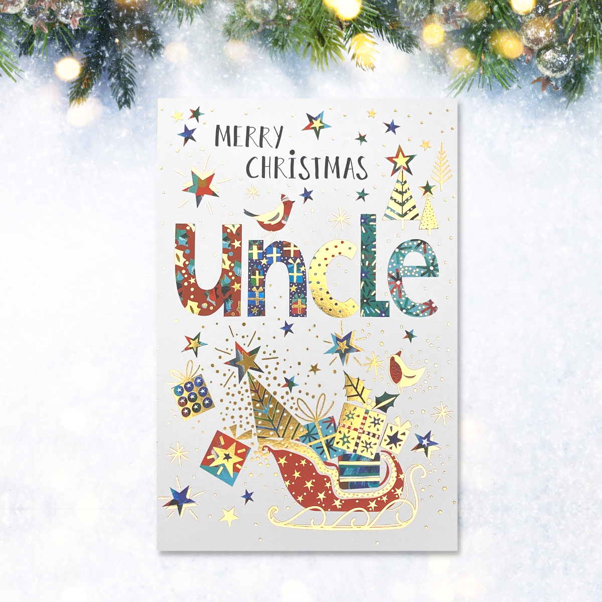 Brightly coloured text and sleigh design