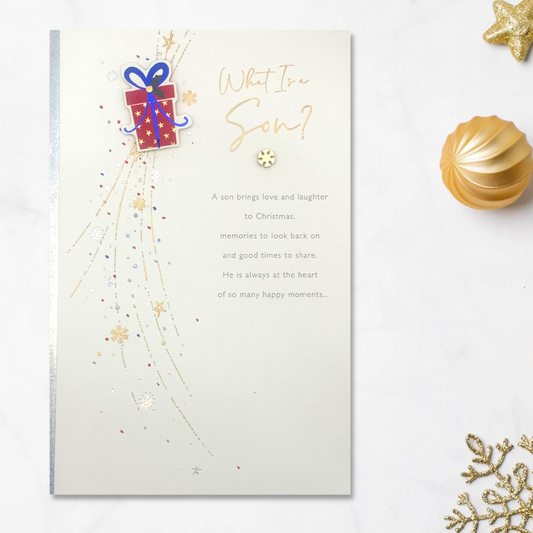 Front image with gold foil, printed verse and red gift