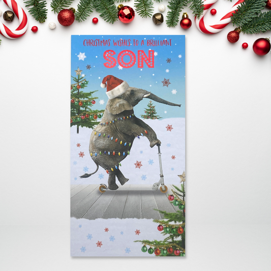 Slim card with elephant on scooter in the snow