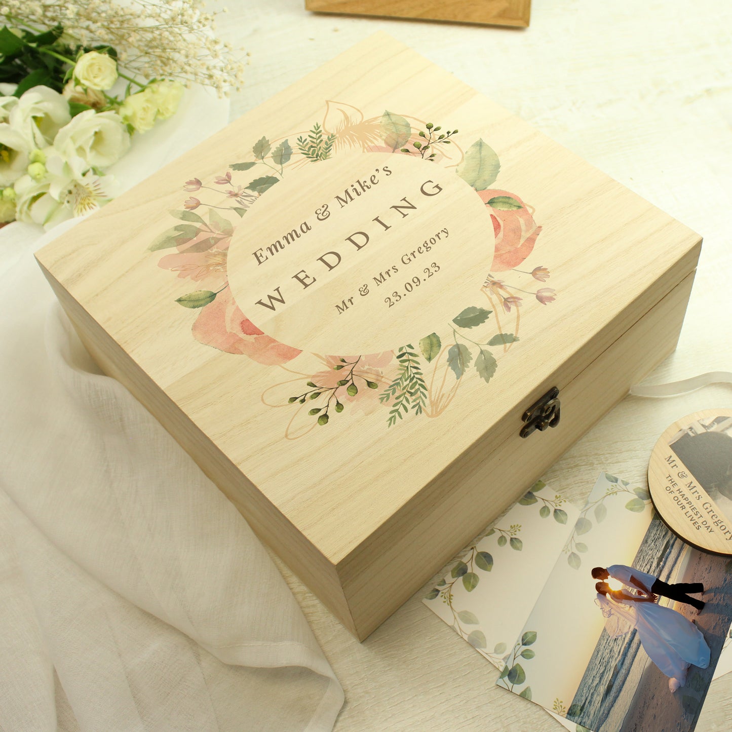 Personalised Floral Watercolour Wooden Keepsake Box