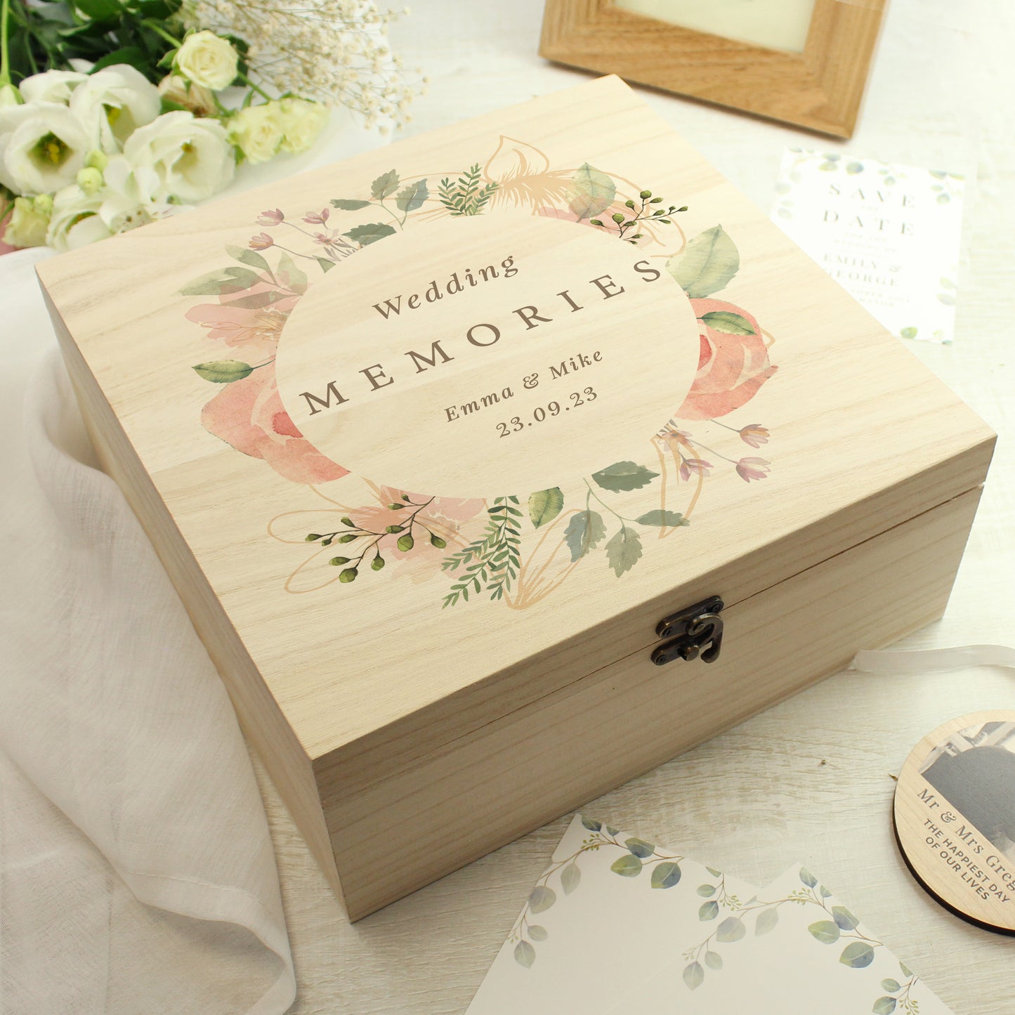 Personalised Floral Watercolour Wooden Keepsake Box
