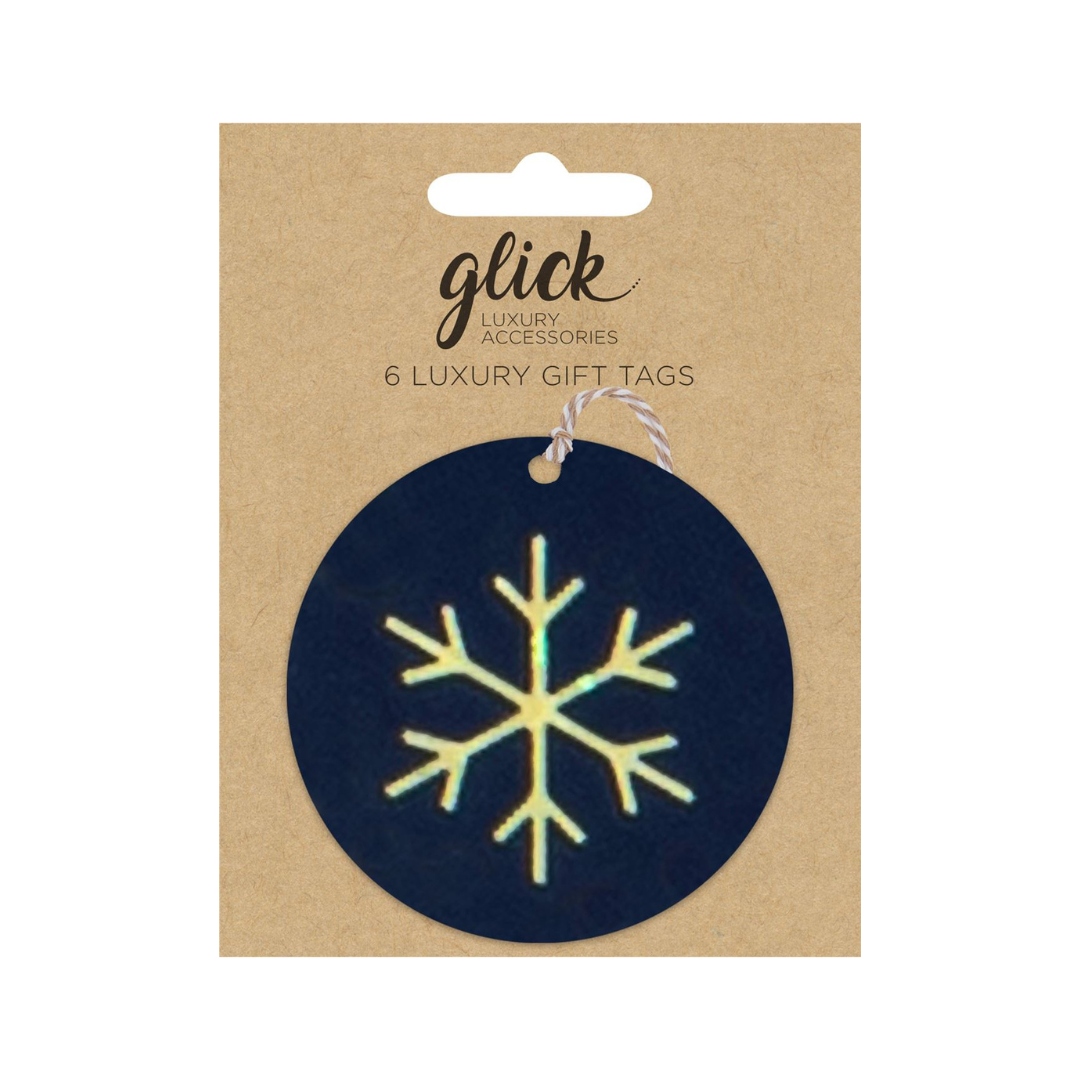 Black circle tags with gold snowflake design