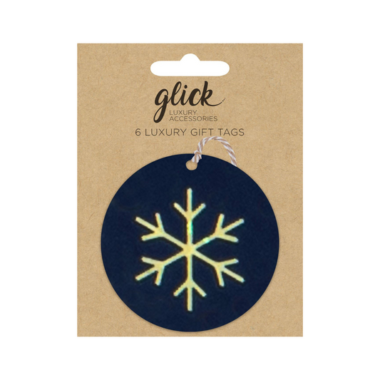 Black circle tags with gold snowflake design