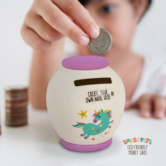 Smash Pot for eco-friendly money saving! Create Your Own name with peel off sticker. Colourful Unicorn image. After filling smash to empty and bury pieces in the compost.