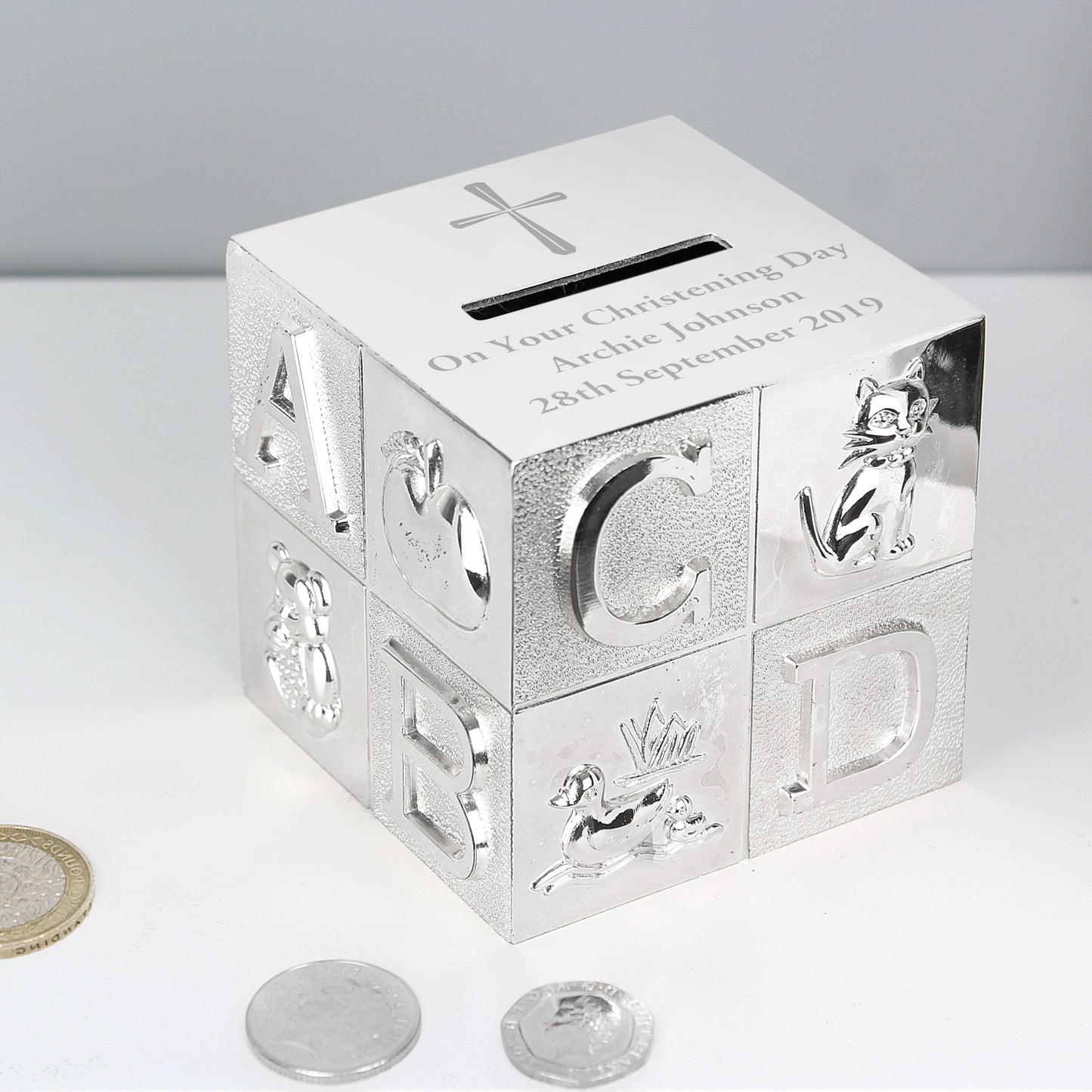 Personalised Cross ABC Christening Money Box
