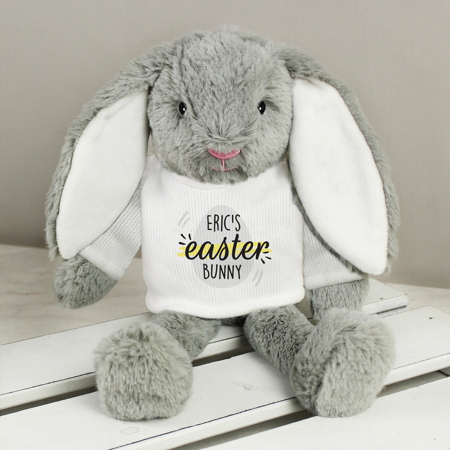 Easter Bunny with personalised T-shirt showing text-Eric's Easter Bunny.
