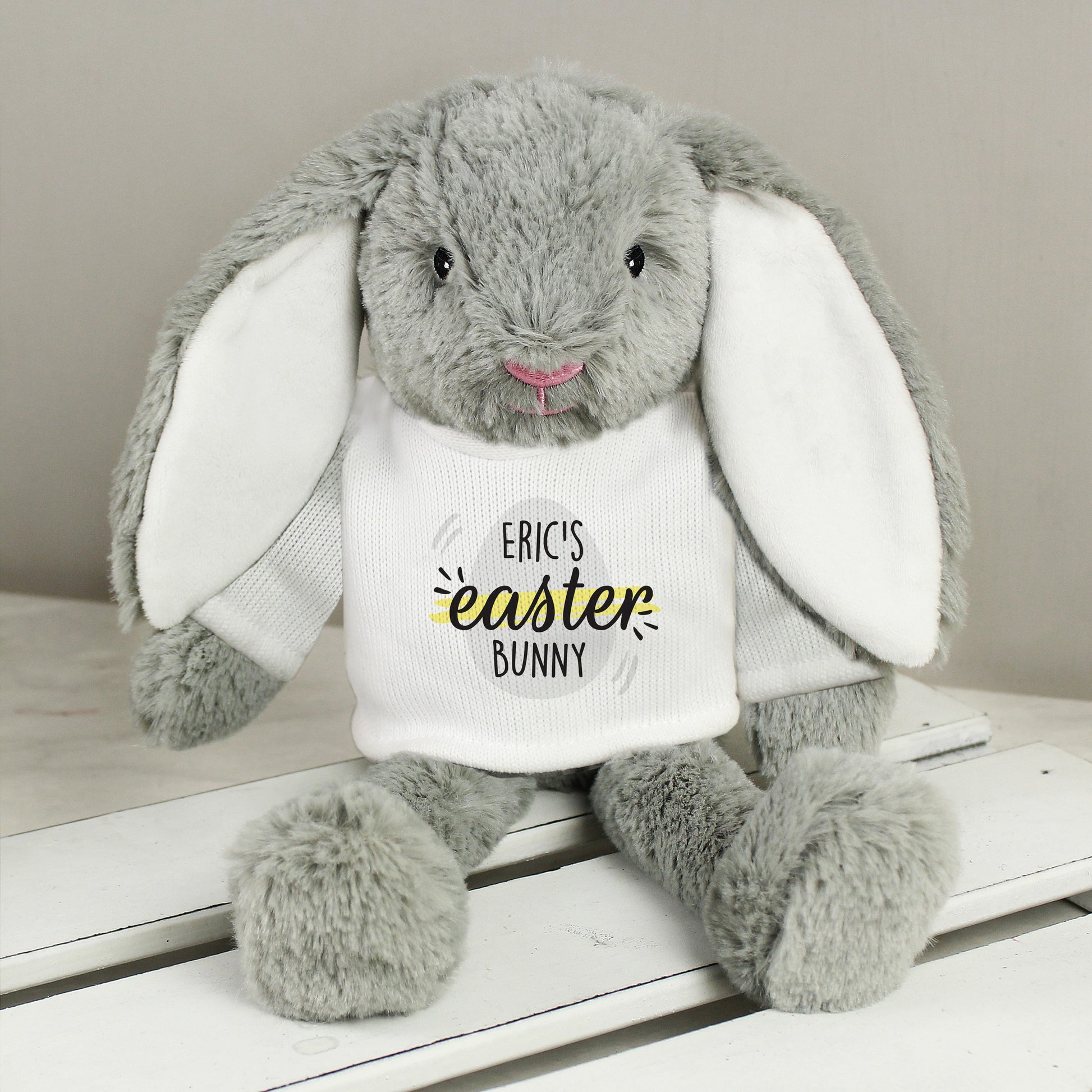 Easter Bunny with personalised T-shirt showing text-Eric's Easter Bunny.