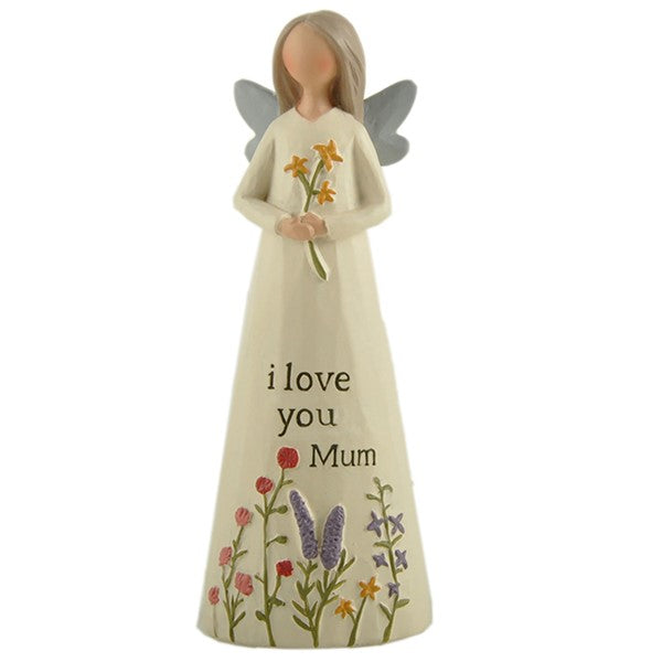 Feather & Grace ceramic angel in ivory with silver grey wings. Holding spray of flowers . Text reads - I love you Mum