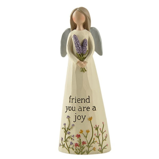 Feather & Grace ceramic angel for Friend in ivory with silver grey wings. Holding two lilac flowers and with text reading - friend you are a joy.