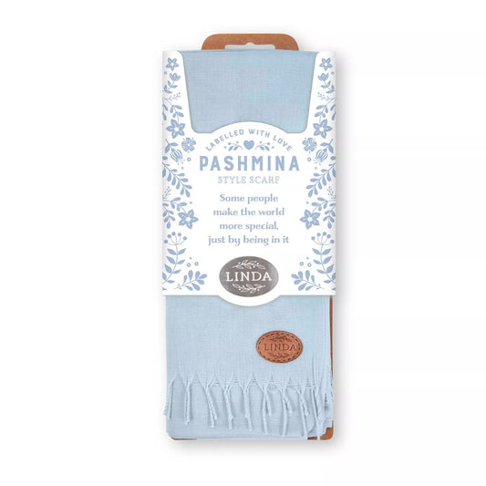 Labelled With Love blue fringed Pashmina personalised with the name Linda. In pretty blue and white floral packaging.