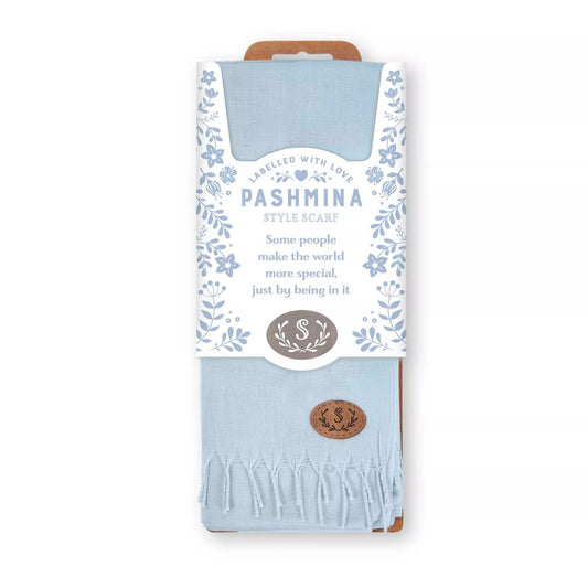 Labelled With Love blue fringed Pashmina personalised with the initial S. In pretty blue and white floral packaging.