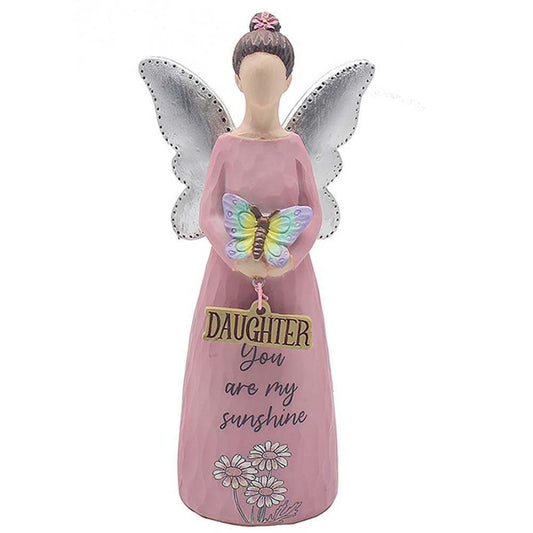 Love & Affection ceramic angel for Daughter in pink with silver wings. Holding butterfly and Daughter sign. Text reads -You are my sunshine.