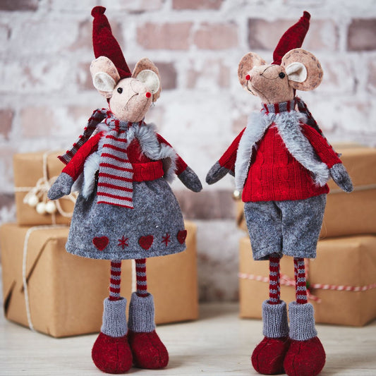 Image showing two mice designs. One in grey skirt and red jumper, and one in grey shorts and red jumper. bother with scarves and hats. 