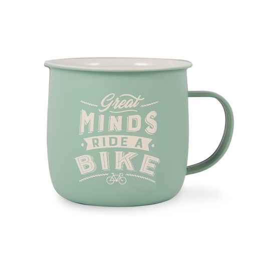 Outdoor Mug in muted turquoise melamine with ivory text reading - Great Minds Ride A Bike. 