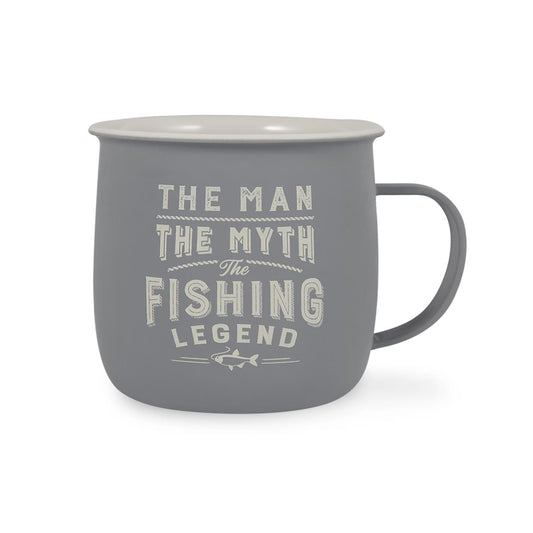 Outdoor Mug in grey melamine with ivory text reading - The man The Myth The Fishing Legend.