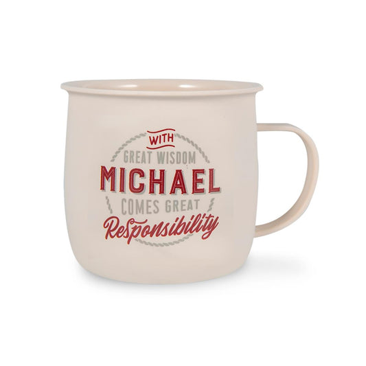 Outdoor Mug in ivory melamine with red and gret text reading - With Great Wisdom Michael Comes Great Responsibility.
