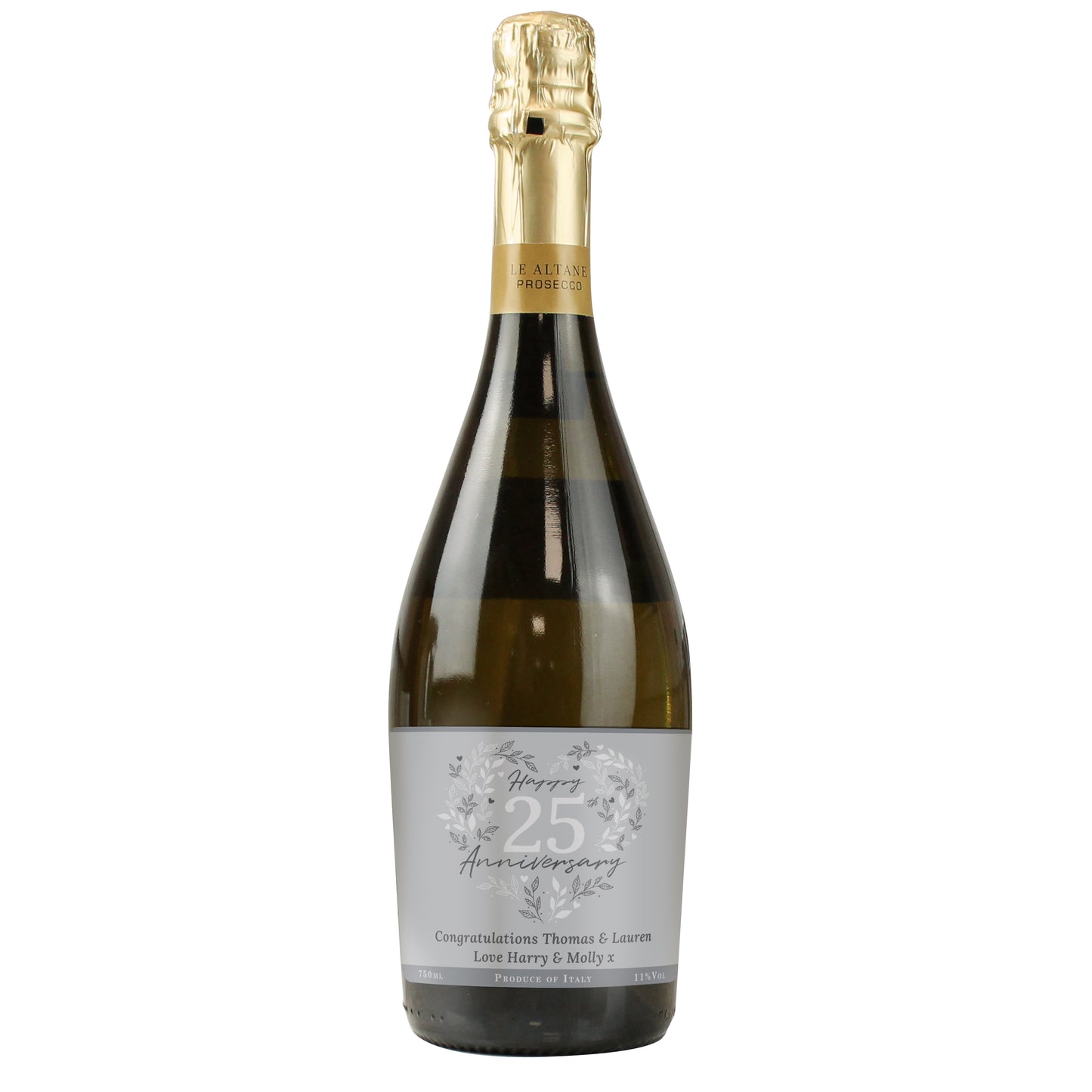 Bottle of wine with a decorative label on a white background