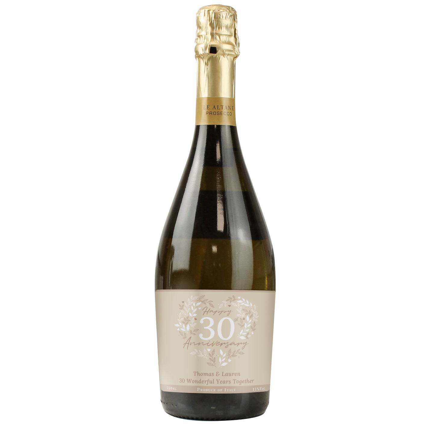 Bottle of white wine with a decorative label on a white background