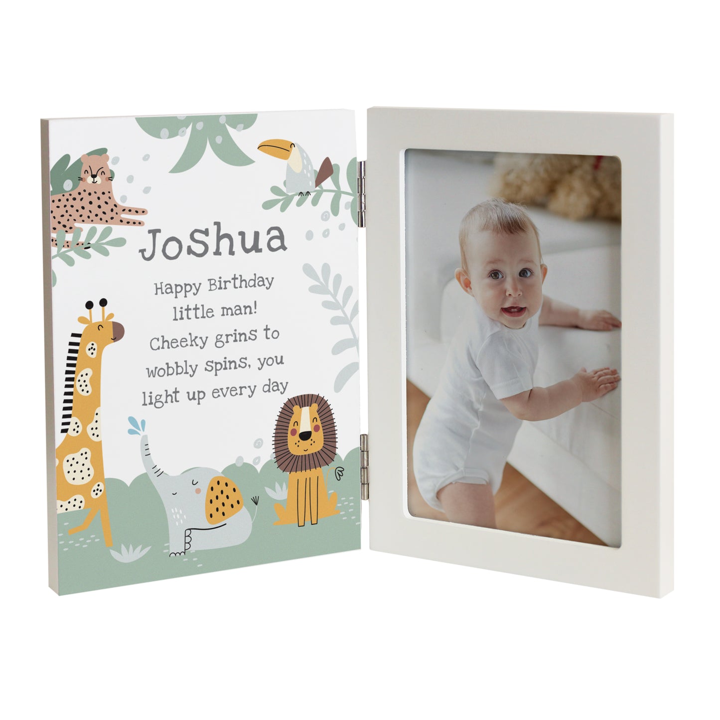 Children's photo frame with animal illustrations and a baby photo inside