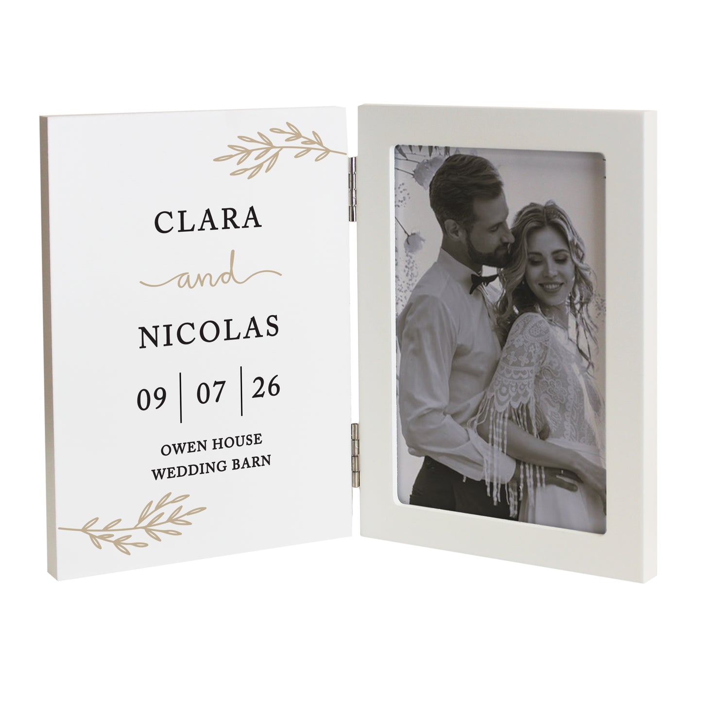 Personalised photo frame with a couple's name and wedding date on a white background