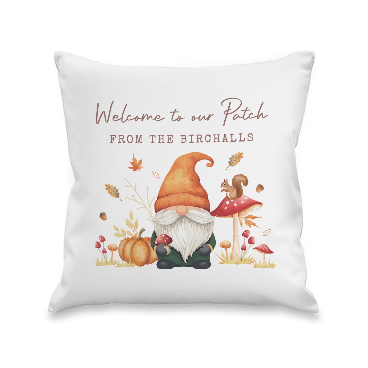 Decorative personalised pillow with a gnome, pumpkin, and autumn-themed design on a white background.