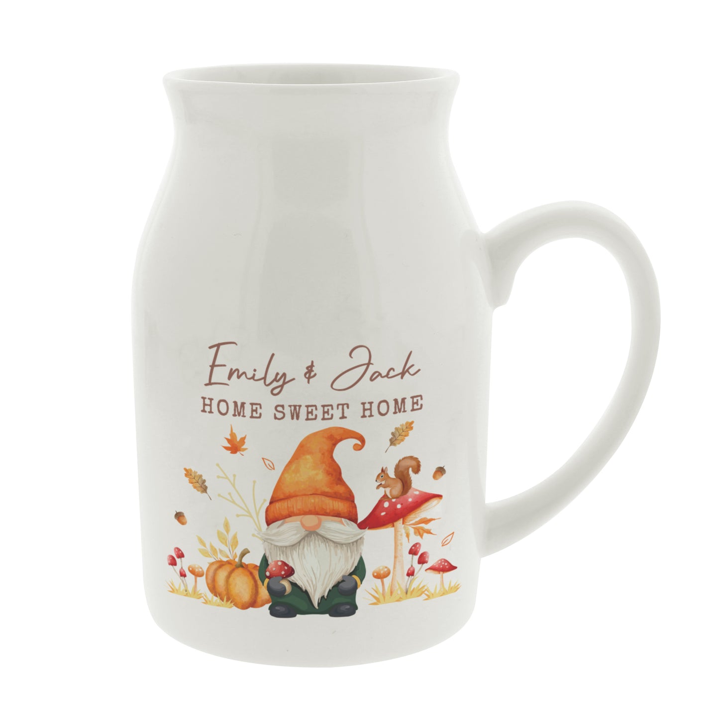 White mug with autumn-themed design featuring a gnome, pumpkin, and text on a white background