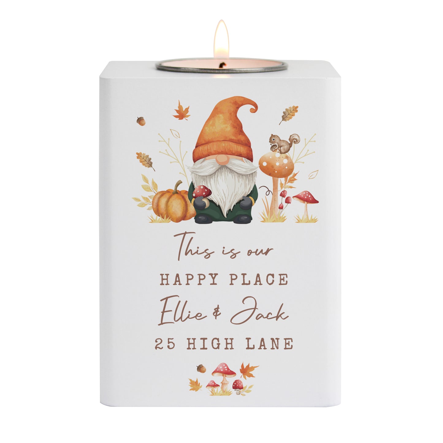 Decorative candle with a gnome design and personalised text on a white background