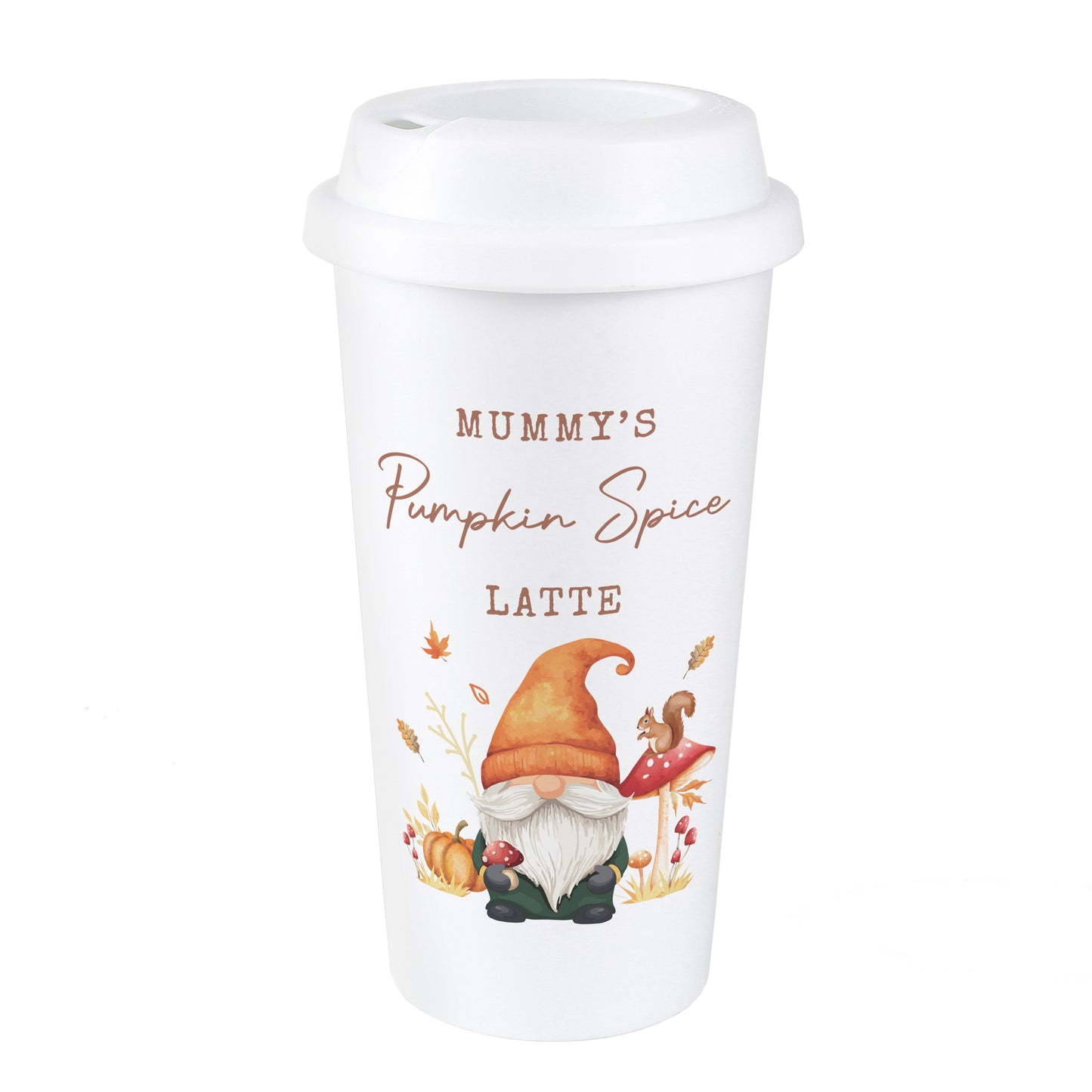 White autumn themed travel mug with 'Mummy's Pumpkin Spice Latte' personalised text and gnome design on a white background