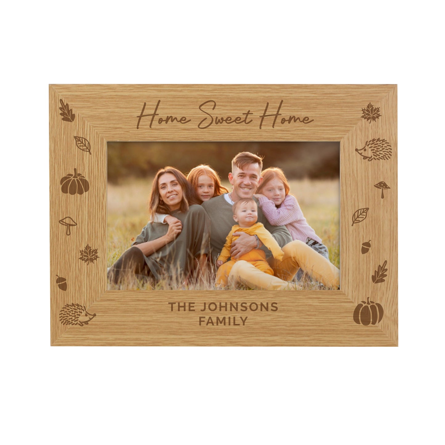 Personalised Autumn themed wooden photo frame with 'Home Sweet Home' and family name engraving, displaying a family photo.