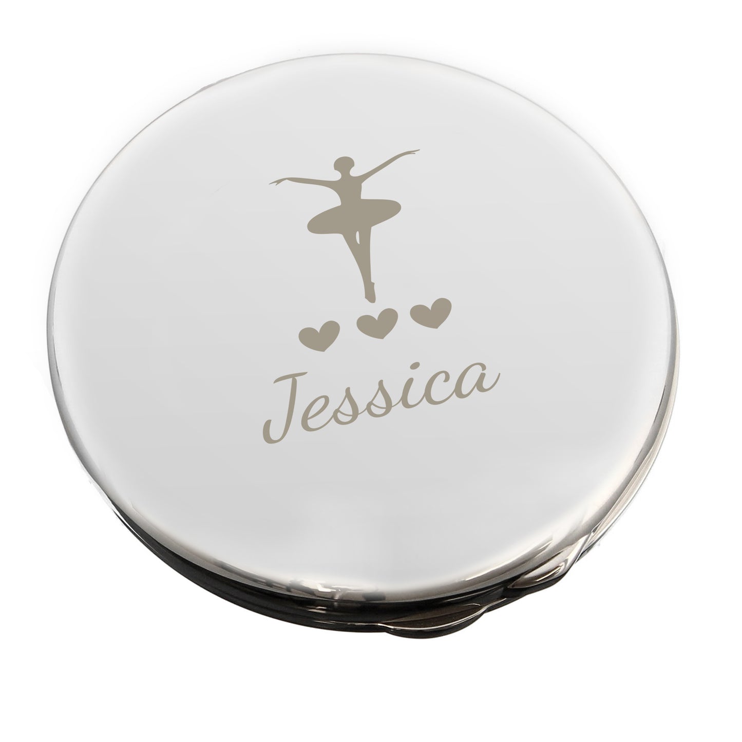 Round silver compact mirror with 'Jessica' and a ballerina design on a white background